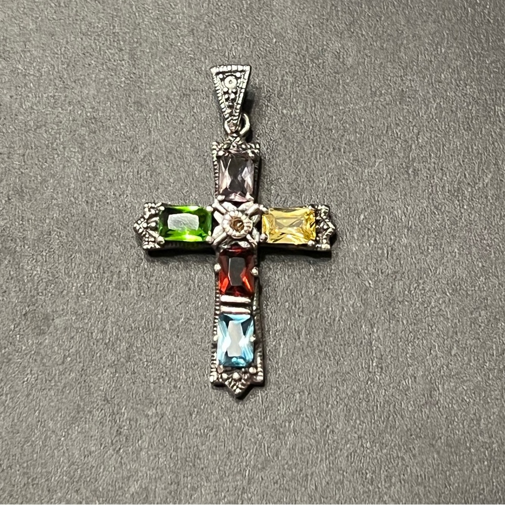 Sterling Silver Multicolor Gemstone Cross Pendant - Women’s Jewelry - Picture 2 of 6